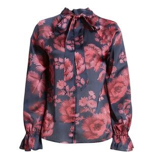 Ted Baker London Women's Floral Blouse Size 0 Multicolor Long Sleeve Tie Neck